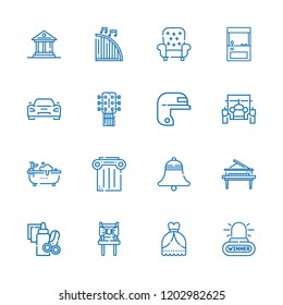 Collection of 16 classic outline icons include icons such as alarm, baseball, classic car, sport car, bell, guitar, harp, piano, handcraft, museum, armchair, arcade, bathtub