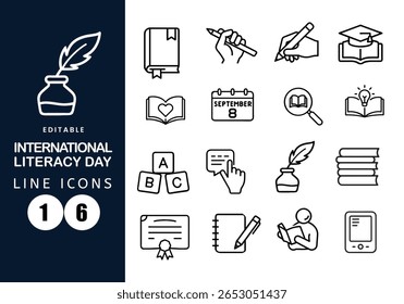 A collection of 16 clean, editable line icons designed for International Literacy Day. This set includes symbols such as books, writing hands, graduation caps, ink bottles with quills and so.