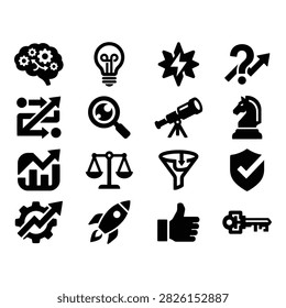 A collection of 16 clean, modern flat icons covering business, strategy, innovation, and decisionmaking themes.