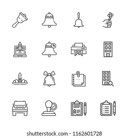 Collection of 16 clip outline icons include icons such as stamp, bell, clipboard, flower, office, rocket, jeep, feathers, sticky note