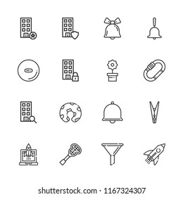 Collection of 16 clip outline icons include icons such as bell, flower, clothespin, funnel, office, carabiner, lacrosse, rocket