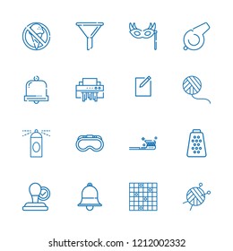 Collection of 16 clip outline icons include icons such as stamp, funnel, goggles, new file, whistle, shredder, eye mask, bell, grater, no food, spray, tic tac toe, wool ball