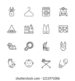 Collection of 16 clothes outline icons include icons such as washing machine, ironing board, swimming suit, baby boy, boxers, witch hat, rattle, dress, trousers, hoodie