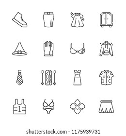 Collection of 16 clothing outline icons include icons such as suit, gloves, shoe, skiing, uniform, shirt, bra, skirt, tie, witch hat, dress, bikini, wardrobe
