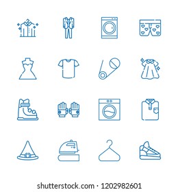 Collection of 16 clothing outline icons include icons such as suit, gloves, shoe, skiing, boxers, witch hat, dress, shirt, wedding dress, washing machine, hanger, safety pin