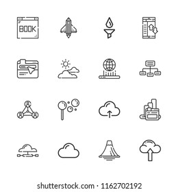 Collection of 16 cloud outline icons include icons such as networking, filter, cloud computing, cloud, bubbles, browser, browsers, hologram, volcano, startup, data transfer