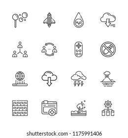 Collection of 16 cloud outline icons include icons such as network, cloud computing, bombs, bubbles, browser, hologram, remote control, startup, water, server, volcano