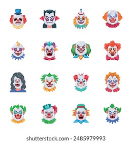 Collection of 16 Clown Face Flat Vectors 

