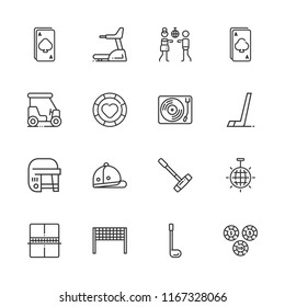 Collection of 16 club outline icons include icons such as ace, casino chip, disco, disco ball, record player, golf, golf cart, hockey, ping pong, polo, treadmill