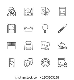 Collection of 16 club outline icons include icons such as ace, casino chip, cue, golf cart, ping pong, polo, volleyball net, weightlifting, underground, barman, turntable