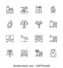 Collection of 16 coconut outline icons include icons such as palm tree, palm, water skiing, fruit, papaya
