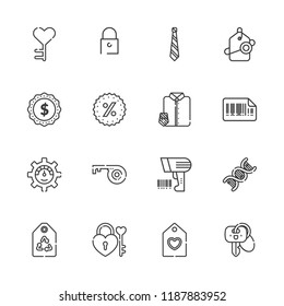 Collection of 16 code outline icons include icons such as optimization, key, tag, padlock, tie, dna, bars code, label, promotions, scanning