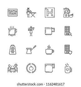 Collection of 16 coffee outline icons include icons such as ironing service, restaurant, barista, mixer, coffee cup, office, healthy food, blender, mug, coffee pot, hotel