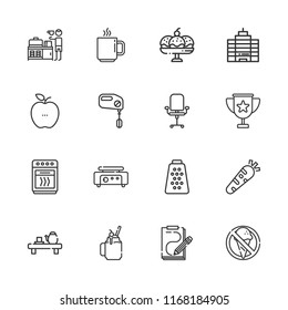 Collection of 16 coffee outline icons include icons such as breakfast, mixer, oven, office chair, office, coffee cup, cup, grater, no food, smoothie, crepe maker, sketch, tea