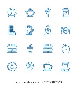 Collection of 16 coffee outline icons include icons such as coffee, barista, hotel, coffee cup, office, healthy food, grater, waffle iron, drink, sketch, breakfast, dinnerware