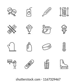 Collection of 16 cold outline icons include icons such as air cleaning, ice bucket, air conditioning, bleach, mitten, juice, thermometer, ice cream, soda, ice skate, puck, ski