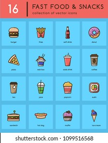 Collection of 16 colorful fast food & snack vector icons. Bright isolated pictograms for web and print design