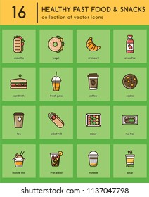 Collection of 16 colorful icons for healthy fast food or fast casual restaurant or cafe. Isolated colorful pictograms in trend flat style with black line for web and print design