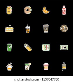 Collection of 16 colorful vector icons for healthy fast food or fast casual restaurant or cafe. Colorful isolated pictograms with white line for web and print design 
