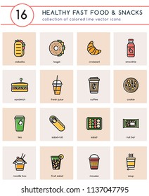 Collection of 16 colorful vector icons for healthy fast food or fast casual restaurant or cafe. Isolated pictograms with black line and stamp effect for web and print design