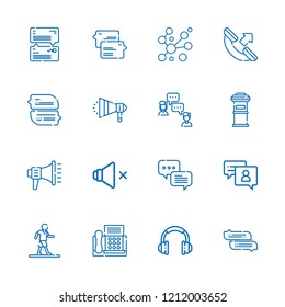 Collection of 16 communicate outline icons include icons such as chat, headset, speaker, megaphone, phone call, fax, letterbox, bubbles