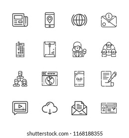 Collection of 16 communication outline icons include icons such as customer, video player, newspaper, cloud computing, phone, news reporter, smartphone, website, global