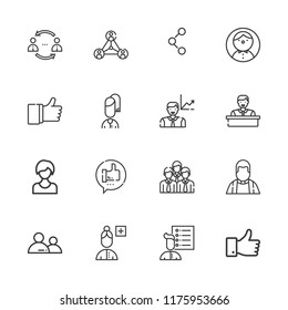 Collection of 16 community outline icons include icons such as user, like, employee, networking, connections, network, add user, user list