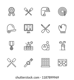 Collection of 16 competition outline icons include icons such as medal, swimming pool, baseball, baseball glove, bowling, dart, golf, rowing, boxers, paddles, scoreboard