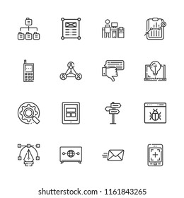 Collection of 16 computer outline icons include icons such as tablet, email, message, computer, browser, web design, television, analytics, optimization, sitemap, networking