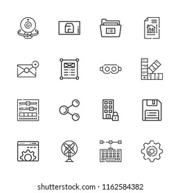 Collection of 16 computer outline icons include icons such as blueprint, fan, browser, share, web design, folder, floppy disk, office, webcam, ar glasses, setting, settings