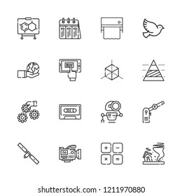 Collection of 16 concept outline icons include icons such as formula, cassette, pigeon, planet earth, searching, calendar, satellite, parking, pyramid chart, cube, tornado