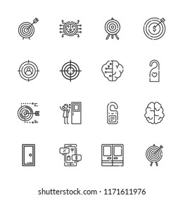 Collection of 16 conceptual outline icons include icons such as target, doorknob, door, brain, doors