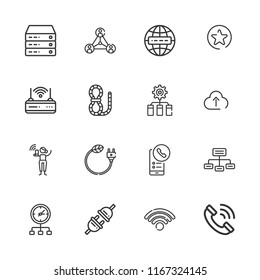 Collection of 16 connect outline icons include icons such as networking, network, free wifi, wifi, server, internet, plug, call, phone call, distribution, rope