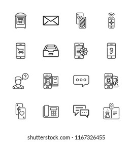 Collection of 16 contact outline icons include icons such as cards, chat, operator, post, smartphone, telephone, id card, envelope