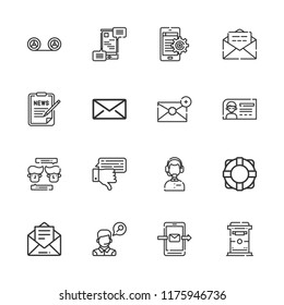 Collection of 16 contact outline icons include icons such as message, operator, recording, smartphone, email, envelope, form, chat, lifebuoy, customer service, communications