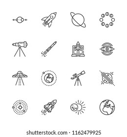 Collection of 16 cosmos outline icons include icons such as rocket, telescope, ufo, earth, eclipse, moon phases, nebula, planet, rocket ship, solar system, space shuttle