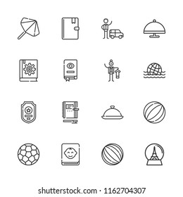 Collection Of 16 Cover Outline Icons Include Icons Such As Book, Valet, Tray, Butler, Parasol, Soccer Ball, Address Book, Badge, Ball, Serving Dish