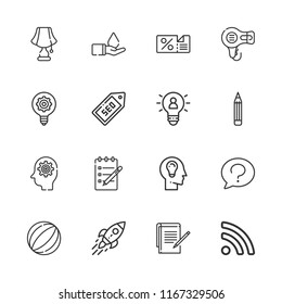 Collection of 16 creative outline icons include icons such as discount, question, thinking, hair dryer, lamp, pencil, startup, seo, idea, notes, rss, light bulb, save water