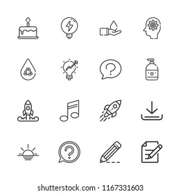 Collection of 16 creative outline icons include icons such as question, thinking, liquid, startup, writing, download, edit, birthday cake, musical note, save water, idea