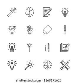 Collection of 16 creativity outline icons include icons such as idea, brush, magic wand, brain, pencil
