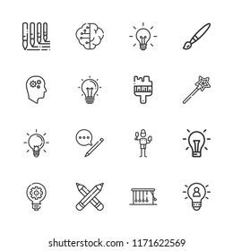 Collection of 16 creativity outline icons include icons such as idea, pencil, paint brush, productivity, magic wand, brush, ideas, pencils, brushes, newtons cradle