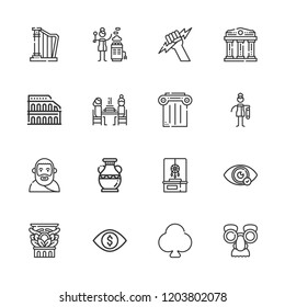 Collection of 16 culture outline icons include icons such as clover, vision, bast, hot stones, dreamcatcher, plato, zeus, colosseum, pierrade, column, mask, vase, harp