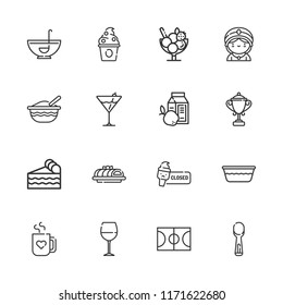 Collection of 16 cup outline icons include icons such as bowl, cocktail, punch bowl, basketball court, baby food, mug, ice cream, wine glass, frozen yogurt, scoop, trophy