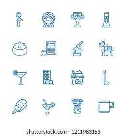 Collection of 16 cup outline icons include icons such as martini, office, golf, mug, milkshake, cocktail, ice cream, scoop, cake, seer, food and restaurant, coffee, trophy