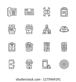 Collection of 16 customer outline icons include icons such as point of service, customer, smartphone, dart board, clipboard, vision, credit card