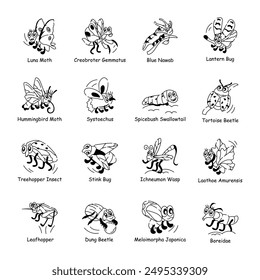 Collection of 16 Cute Insect Cartoon Doodle Icons 

