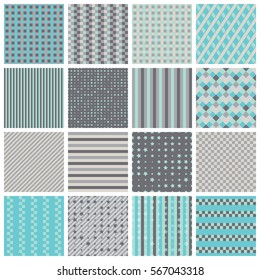 Collection of 16 cute seamless patterns with stripes, stars, bricks. Geo seamless pattern with blue and grey. Useful for  fabric print, wrapping paper, scrap booking, web design