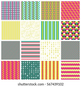 Collection of 16 cute seamless patterns with stripes, stars, bricks. Geo seamless pattern with pink green and yellow. Useful for  fabric print, wrapping paper, scrap booking, web design