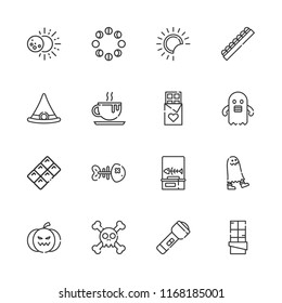 Collection of 16 dark outline icons include icons such as chocolate, pumpkin, ghost, witch hat, eclipse, moon phases, fishbone, skull