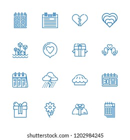 Collection of 16 day outline icons include icons such as poppy, heart, present, broken heart, love birds, calendar, tulips, gift, agenda, storm, pie